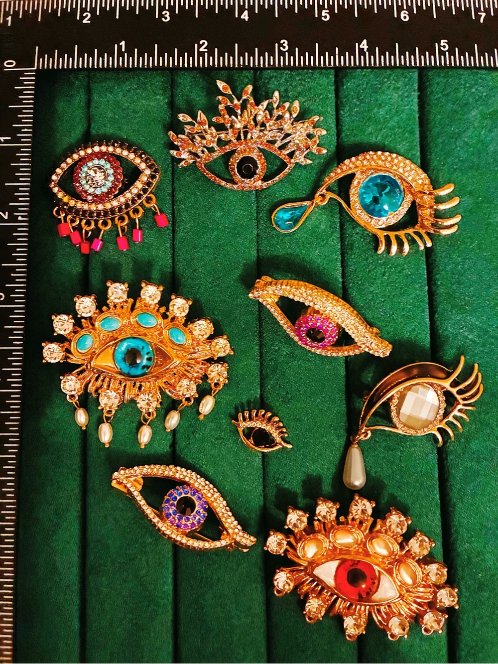 Lot of 9 Evil Eye Brooches Pins Rhinestone Crystal Gold Tone Statement Jewelry